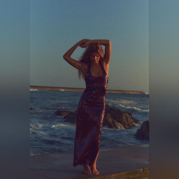 NWT ZARA SEQUIN HALTER DRESS burgundy - Picture 13 of 16